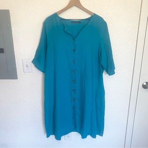 Gudrun Sjoden 100% Linen Turquoise Blue Lagenlook Button Down Coastal Dress XL